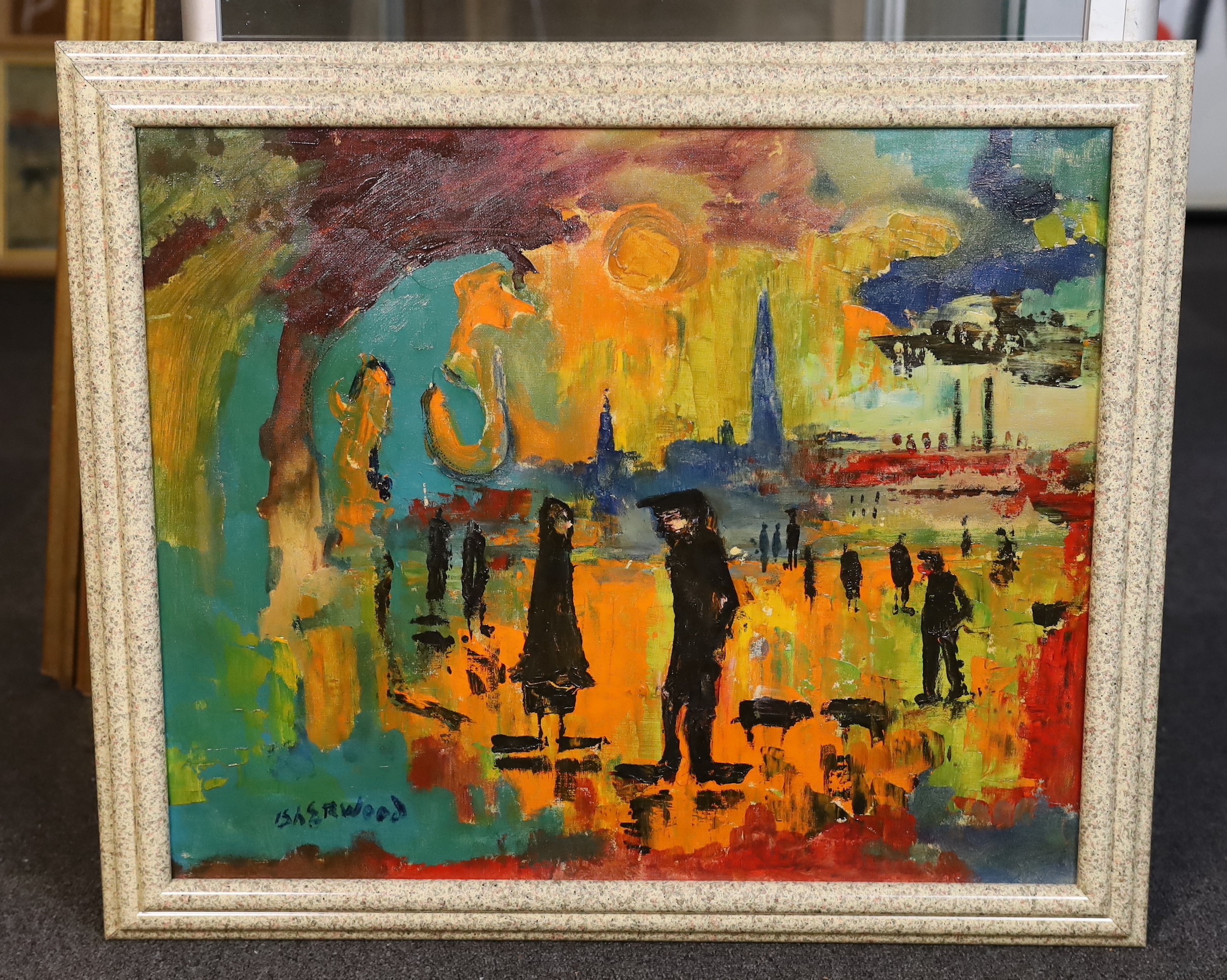 James Lawrence Isherwood (British, 1917- 1989), 'Ghost Sky / Wigan Natives', oil on, 49 x 60cm